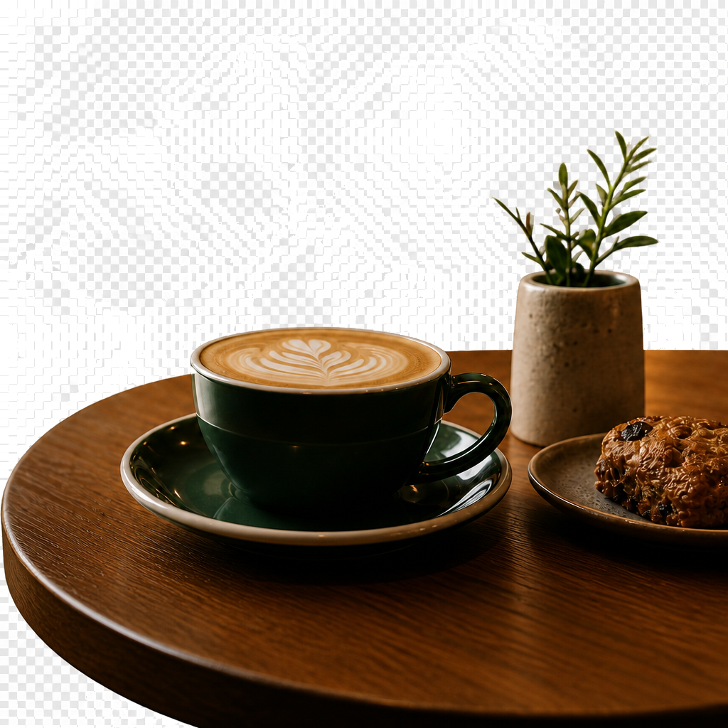 A beautifully crafted latte in a dark ceramic cup on a wooden table with a pastry and plant